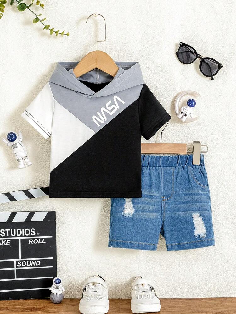 2pcs Baby Boys Short Sleeve Romper With Hat, Fashion T-Shirt & Denim Shorts Set