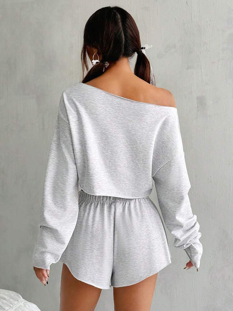 SHEIN EZwear مجموعة نسائية قصيرة عارضة صيفية باللون الصلب للقمة والسروال - رمادي - مشاهدة 2