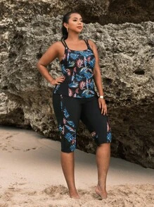 Swim SPRTY Plus Size Summer Tropical Print Patchwork Tankini Set For Beach - Black - View 4