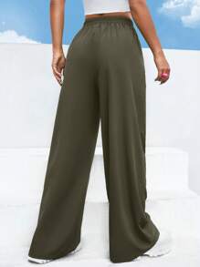 EURMUSE Solid Elastic Waist Wide Leg Pants - Army Green - View 2