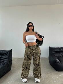 Flirla Plus Size Casual Camo Branch Print Straight Leg Pants - Multicolor - View 5