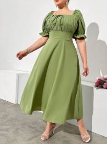 Mulvari Plus Size Women's Solid Color Simple Daily Dress, Milkmaid Sundress - Green - View 4