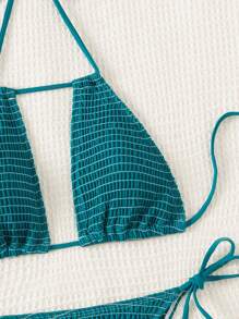 Swim Vcay 女士夏季海灘單色中空露背領帶性感比基尼套裝 - 水鴨藍 - 查看 4