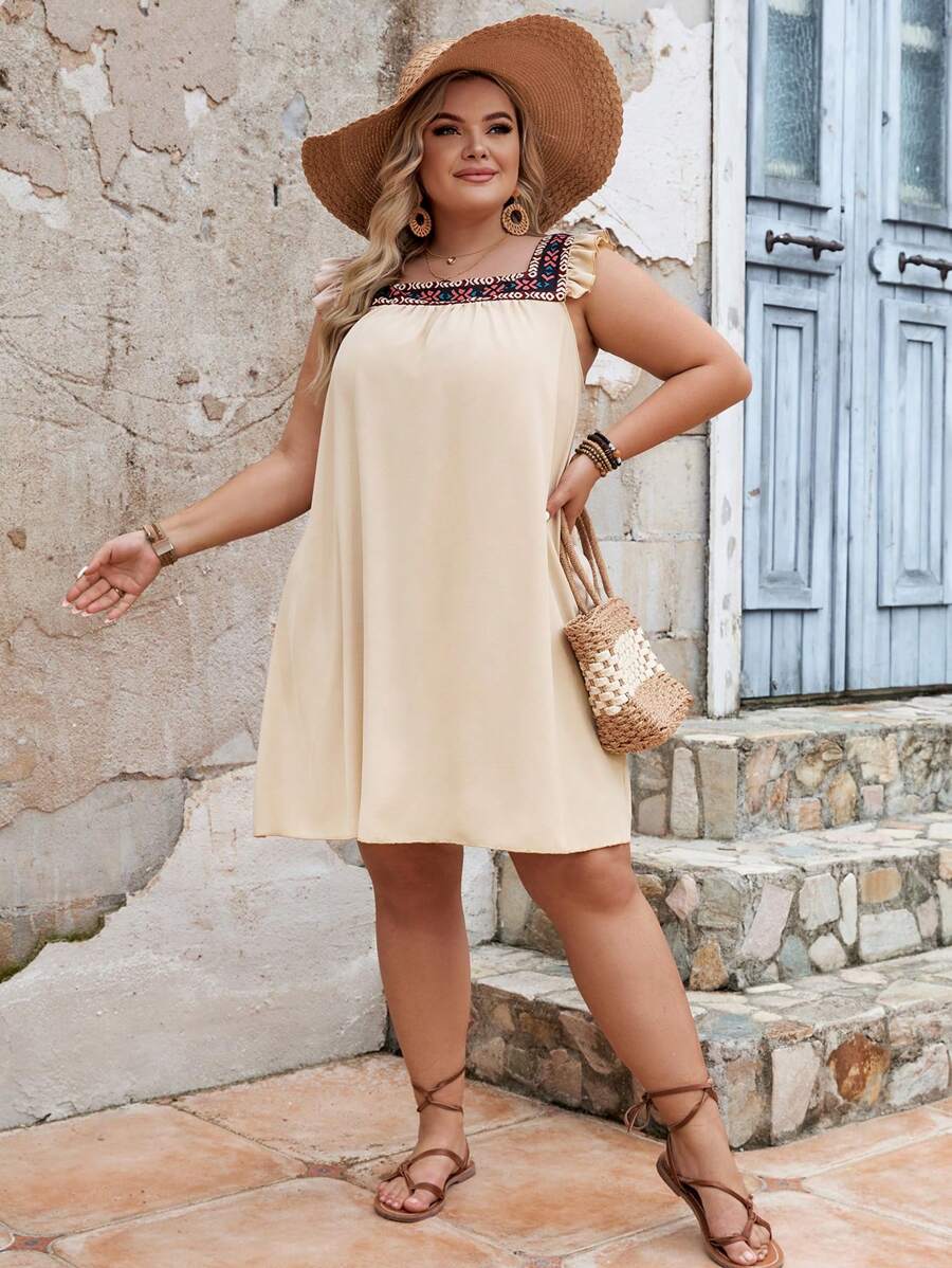 SHEIN VCAY Robe décontractée sans manches de vacances imprimée en patchwork de style bohémien grande taille - Nude - Voir 1