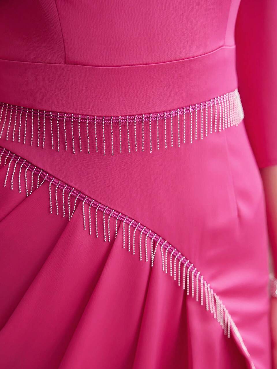 SPLIT SLEEVE FRINGE DETAIL FOLD PLEATED BODYCON DRESS