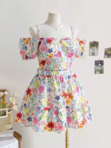 Soleia Vacation & Leisure Open Shoulder Floral Top And Skirt Plus Size 2pcs/Set - Multicolor - View 3