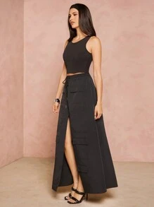 Hauture Split Thigh Drawstring Cargo Skirt - Black - View 3