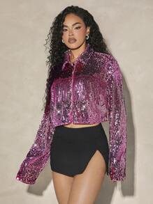 Hauture Fringe Trim Sequin Crop Jacket - Purple - View 5