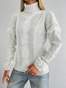 SHEIN Cottnline Turtleneck Drop Shoulder Fringe Trim Cable Knit Jumper - White - View 3