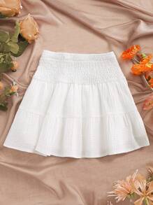 SHEIN Unity Waist Shirred White Simple Mini Skirt For Summer - White - View 2