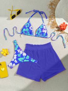 女士夏季沙灘花卉印花露背頸綁式性感比基尼套裝，配披裙 - 寶藍色 - 查看 2