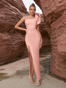 ADYCE Women Summer Solid Color One Shoulder Ruffle High Slit Cocktail Party Dress - Pink - View 7