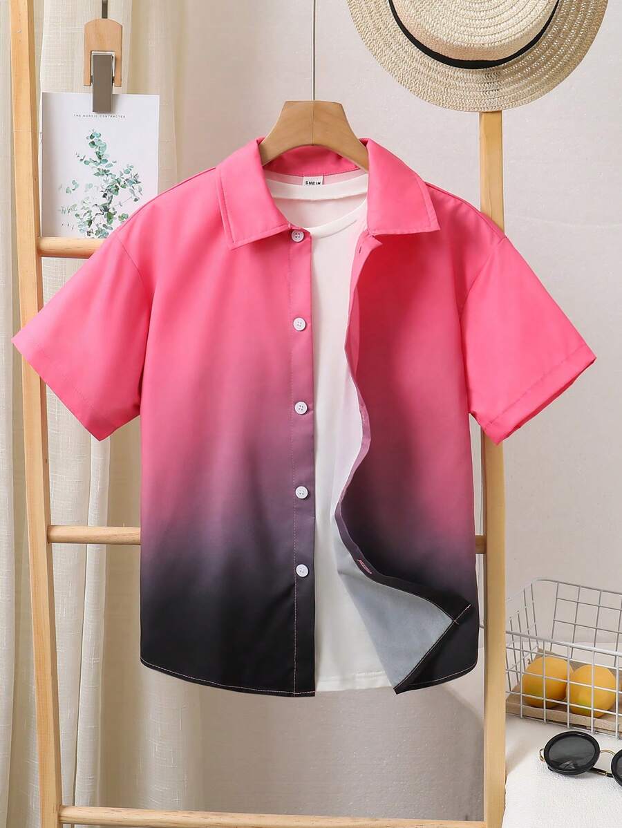 SHEIN Chemise Tissée À Manches Courtes À Col Rabattu Imprimé Dégradé Décontracté Pour Garçons Adolescents. - Multicolore - Voir 1