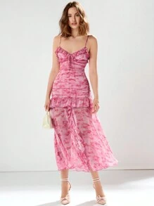 Enchnt Women's Elegant Tie-Dye Ruffle Hem Spaghetti Strap Dress, Summer