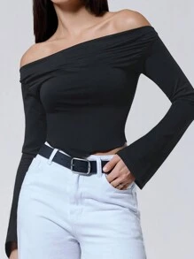 SHEIN EZwear Black Knitted Off Shoulder Women's T-shirt - Black - View 3