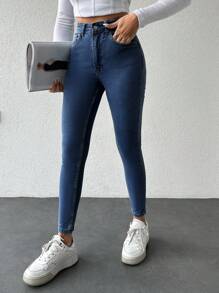 EURMUSE 女性中腰修身牛仔褲 - 深色水洗藍 - 查看 7