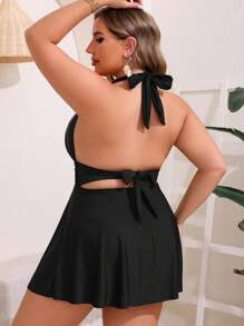 SHEIN Swim Curve Plus Size Summer Solid Color Beach Dress With Open Back And Halter Neck - Black - View 2