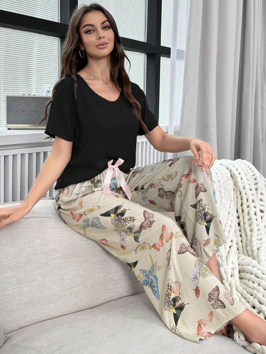 SHEIN 撞色印花睡衣套装,带蝴蝶结,露脐上衣和长裤款式 - 彩色 - 查看 1