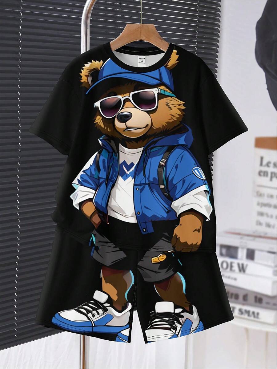 SHEIN Leap Crew 適合夏季的少年男孩休閒卡通熊圖案短袖圓領2入組, - 黑色 - 查看 1