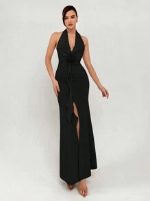 Aloruh Elegant And Sexy Deep V-Neck Backless Concert Dress For Date Night, Spring/Summer Floral Long Dress With 3D Flower Design - Black - View 1