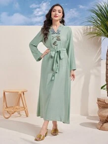 Al Najma V領腰帶休閒長袖日常穿著連衣裙 - 綠色 - 查看 5