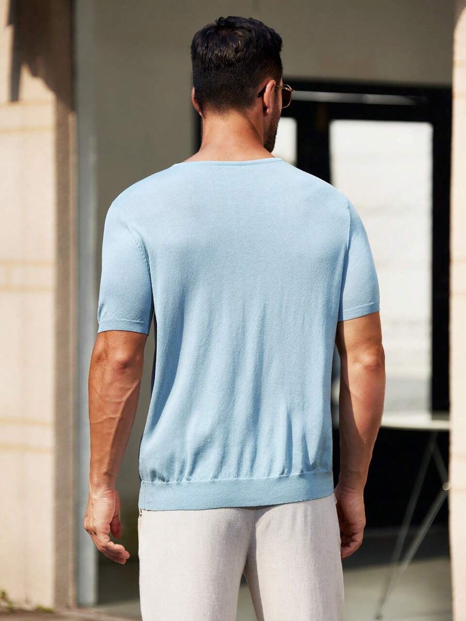 Father's Day Men's Solid Color Round Neck Casual Short Sleeve Knit Top For Summer