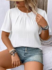 Momelise Plus Size Vacation Leisure Solid Color Textured Puff Sleeve Shirt - White - View 3