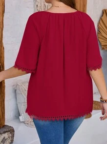 EMERY ROSE Plus Size Women's Summer Fashion Solid Color Ruched Lace Trim Blouse - Burgundy - View 2