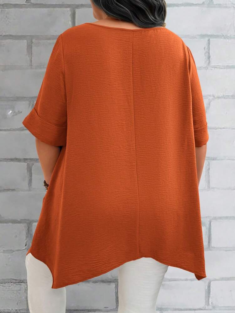 Plus Size Women's Summer Blue Round Neck Short Sleeve Double Pocket Loose Casual Mom Shirts