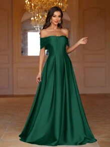 SHEIN Belle 纯色露肩褶饰及地伴娘礼服，优雅正式晚会舞会婚礼宾客礼服，适合毕业典礼、晚宴派对礼服