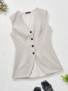 SHEIN Privé Prenda exterior para mujeres de color caqui con cuello en V y anchos hombros - Caqui - Ver 6