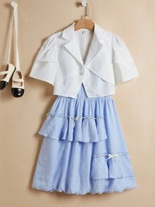 少女純色簡約短袖連衣裙和裙子2件套組 - 彩色 - 查看 1