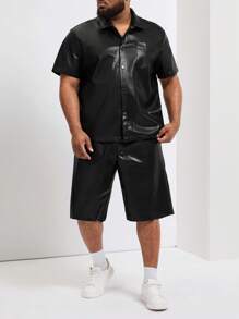 Manfinity Homme Men's Plus Size Solid Color Simple Short Sleeve Shirt And Shorts Set - Black - View 3