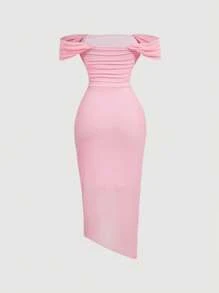 SHEIN MOD Vestido ajustado para mujer con diseño de mariposa rosa, hombros descubiertos y bajo envolvente, vestidos midi para mujer, vestidos de graduación, vestidos para damas de honor - Rosa - Ver 2