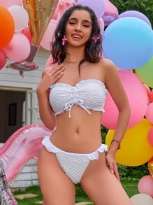 Swim Mod Women's Summer Beach Solid Color Ruffle Bandeau Bikini Set, Removable Padded Bra Cups, Special Fabric - White - View 8