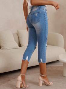 Ladies' Skinny Distressed Denim Capris - Medium Wash - View 5