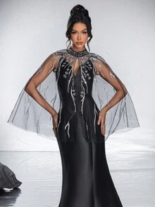 全新黑色優雅披肩設計人魚晚禮服