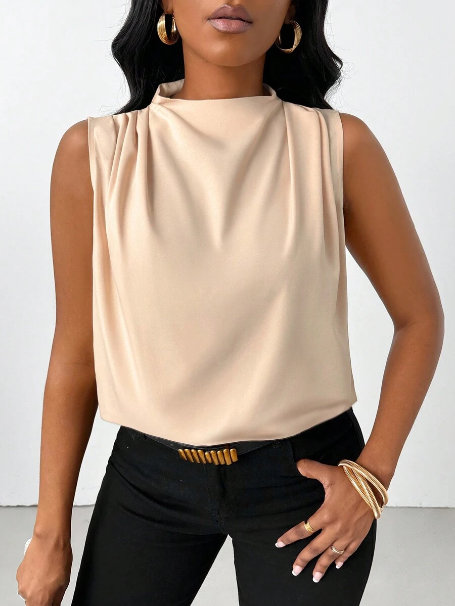 SHEIN Slayr Mùa hè thường ngày màu trơn cổ đứng áo sơ mi áo xếp ly không tay, màu trơn, cổ áo đứng, không tay, xếp li, áo crop top mùa hè, trang phục mùa hè - Màu Khaki - Xem 1
