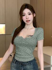 DAZY T-shirt femme à manches courtes, col rond, coupe slim, avec imprimé floral tout-sur-tout, pour Pâques - Vert - Voir 8