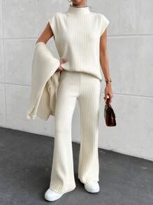EURMUSE Solid Color Minimalist Waffle Knit Ribbed Three-Piece Set - Beige - View 3