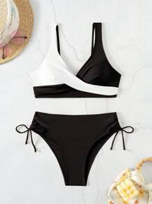 SHEIN Women's Summer Beach Colorblock Crossed Chest Sexy Bikini Set