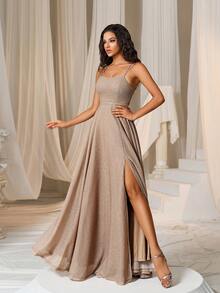 Faeriesty 纯色系带露背吊带伴娘礼服优雅正式晚会舞会婚礼宾客礼服，适合毕业典礼、晚宴派对礼服