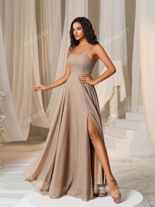 Faeriesty Solid Lace Up Backless Cami Bridesmaid Dress Elegant Formal Evening Prom Wedding Guest Gown, For Graduation, Dinner Party Dress