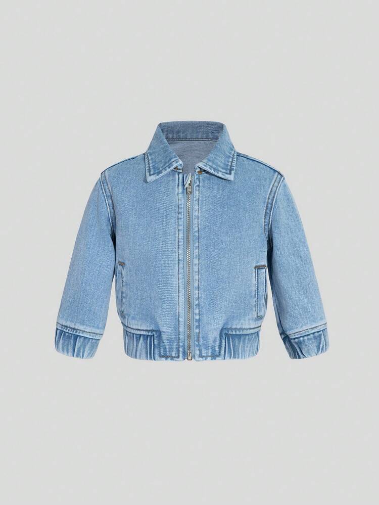 Baby Boy All-Match Light Blue Washed Denim Jacket With Turn-Down Collar, Casual Style