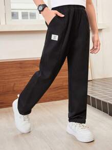 SHEIN 10歲男童1條彈性腰休閒褲，附字母徽章和牙籤口袋 - 彩色 - 查看 1