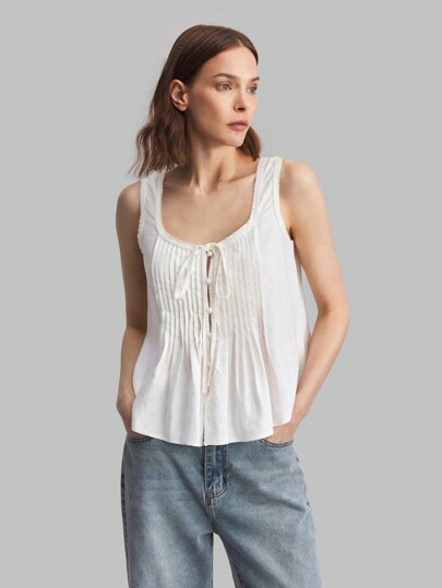 Ontre Women's Summer Linen Blending Tie Front Casual Solid Pleated Tank Top, Going Out Tops