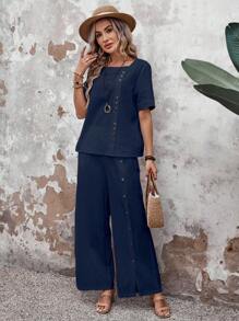 EMERY ROSE 女性時尚寬鬆側扣設計短袖上衣和長褲套裝 - 藏蓝色 - 查看 3