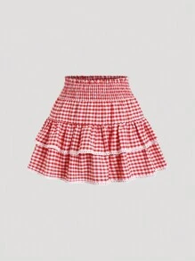 Sweetra Summer Plaid A-Line Skirt With Lace Hem, Y2K - Red - View 1