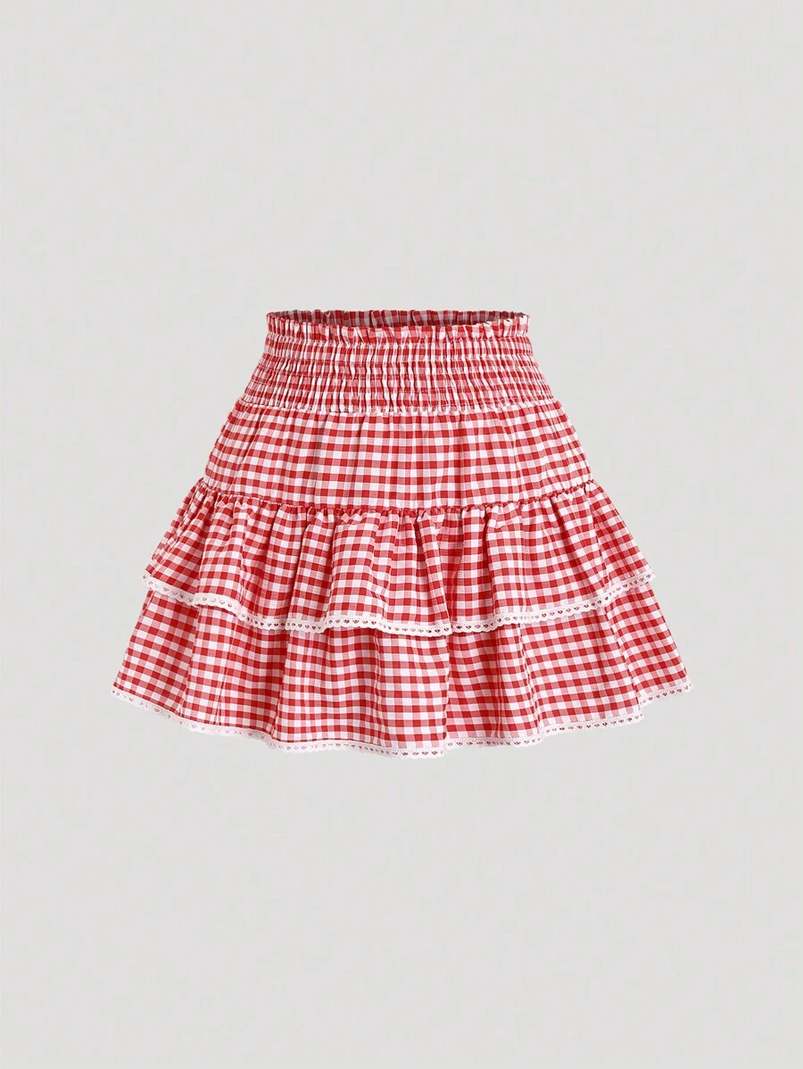 Sweetra Summer Plaid A-Line Skirt With Lace Hem, Y2K - Red - View 1