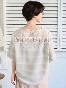 FRIFUL Women's Simple Solid Color Daily Lace Decorated Blouse - Apricot - View 7